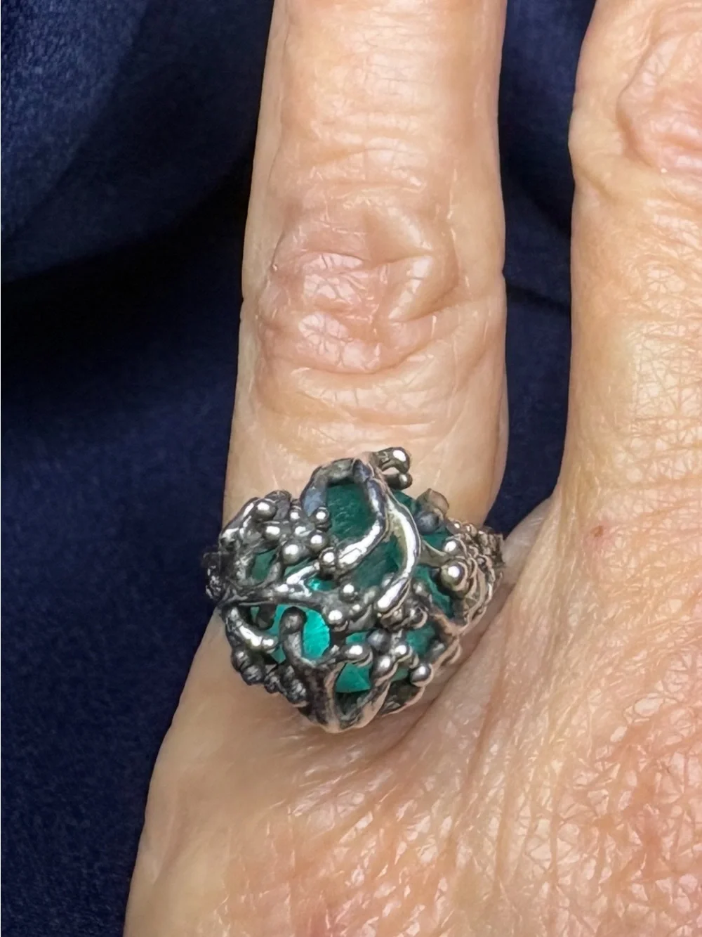 Ring Artisan Sterling Silver Cage Gorgeous Kashmir Emerald Gemstone